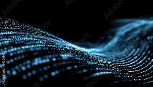 Abstract Blue Digital Wave of Glowing Particles on Black Background.