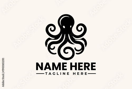 Black octopus logo vector illustration with customizable name and tagline on a beige background, featuring a stylized pictogram design.