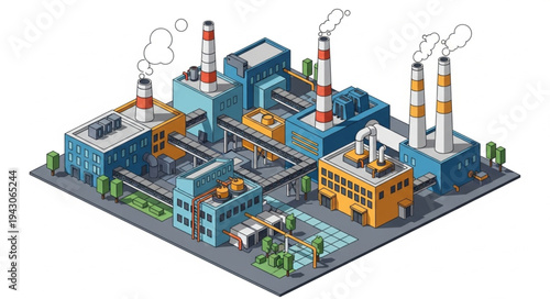Isometric Factory Buildings with Chimneys.