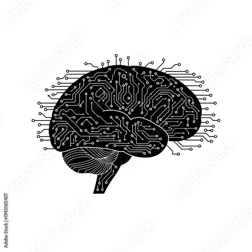 A black and white illustration of a brain with circuit board patterns
