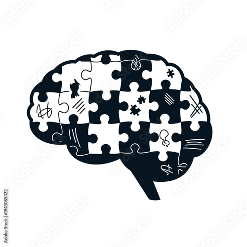 A black and white illustration of a brain made of puzzle pieces