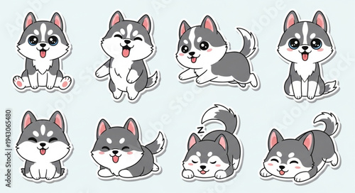 Adorable Husky Puppies in Various Poses - A Cute Cartoon Collection.