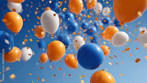 Celebration Balloons Floating Upwards with Confetti Against a Blue Sky.