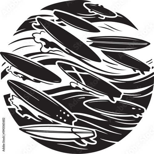 Surfboards in Ocean Waves Black and White Illustration Art