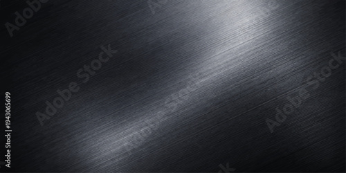 A dark brushed metal texture features a shiny stainless steel pattern on a grey silver aluminum surface, creating a seamless metallic material backdrop with a polished chrome design