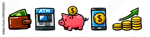 Set of colorful hand-drawn icons representing finance and money management, including a wallet, ATM, piggy bank, mobile banking, and growth chart. Ideal for banking and investment themes.