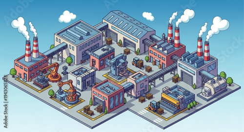 Isometric Factory Buildings with Smokestacks.
