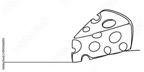 Сheese continuous one line drawing, Сheese in continuous line art drawing style. Wheel of cheese with holes and a piece cut from it. Minimalist black linear sketch isolated on white background. Vector