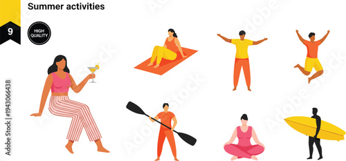 People enjoying summer activities like surfing, yoga, kayaking, relaxing with cocktail, jumping, stretching, and sunbathing on beach, flat vector illustration.