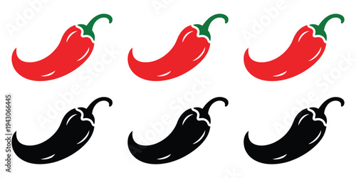 Red and black chili pepper illustration set, clean vector icons representing spicy flavor heat level rating hot food ingredients and restaurant menu symbols suitable for food apps packaging and 