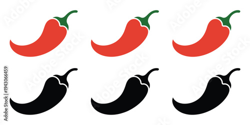 Red and black chili pepper icon illustrations in clean vector design, spicy food symbol set for restaurant menus cooking apps grocery labels heat level indicators and culinary branding isolated on 