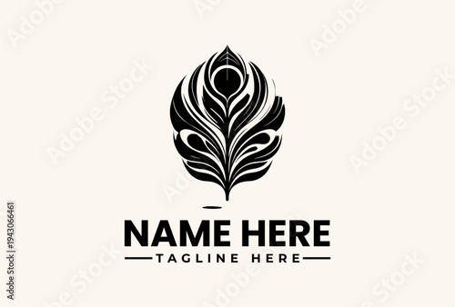 Black and white vector illustration of a stylized leaf logo with a placeholder name and tagline on a beige background.