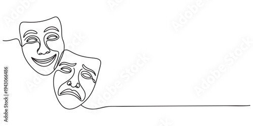Continuous one line drawing of comedy and tragedy theatrical masks, a minimalist vector illustration for art and drama concepts