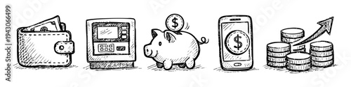 Hand-drawn financial icon set featuring a wallet, ATM, piggy bank, mobile banking phone, and investment growth coins. Sketchy black and white doodle style for money and savings concepts.