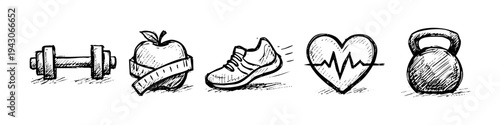 Hand-drawn fitness and health icons set featuring a dumbbell, apple with measuring tape, running shoe, heart pulse, and kettlebell. Artistic black ink sketch style on a white background.