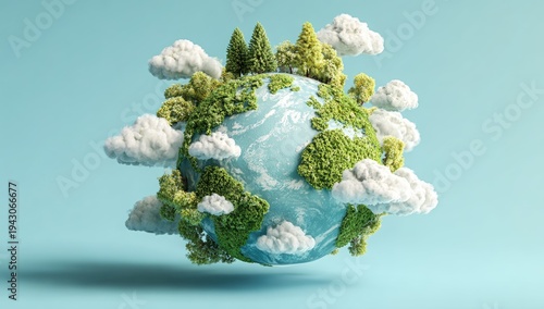 Miniature Earth with Lush Greenery and Fluffy Clouds.