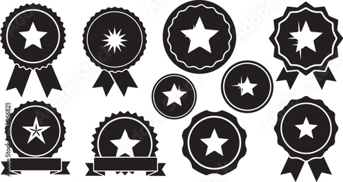 Black and White Star Badges and Ribbons Icon Set