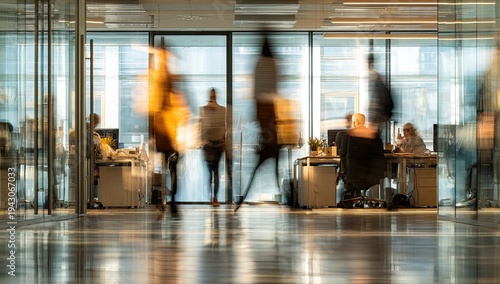 Blurred motion of people working in a modern office environment.
