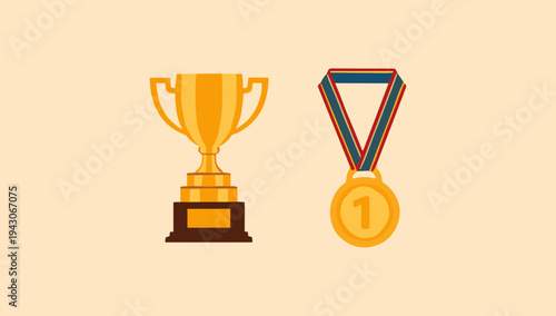 Golden trophy and medal award collection victory achievement prize celebration illustration vector design artwork for success recognition