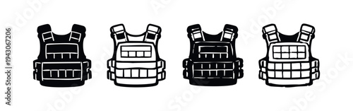 Ballistic Vest Plate Carrier Icons Set, Body Armor for Protection and Tactical Gear