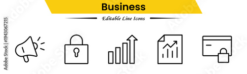 Business icons depicting strategy, management, teamwork, meetings, planning, charts, reports, growth, goals, productivity, leadership, collaboration, finance, and organization.
