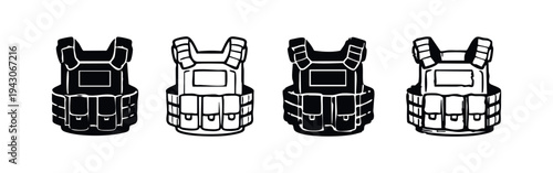 Ballistic Vest Plate Carrier Icons Set, Body Armor for Protection and Tactical Gear