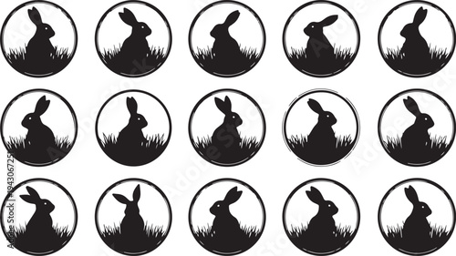 Set of rabbit silhouettes in circles on white background