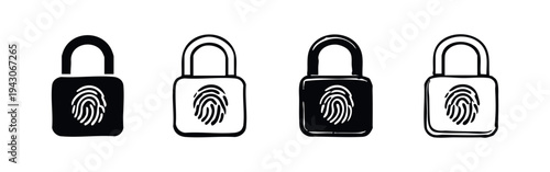 Padlock with Fingerprint Icon Set - Biometric Security Lock and Digital Access Control