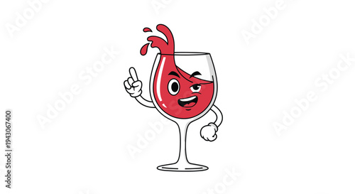 Cheerful red wine glass cartoon character with a smiling face and splashing liquid isolated on a plain white background.