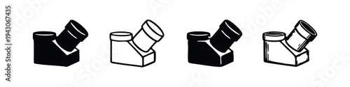 Set of black and white icons of a pipe elbow fitting. Isometric view.