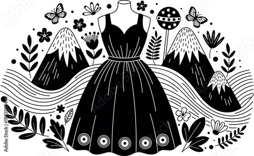 Black and white family hiking silhouette with large backpacks and dogs isolated on white background for outdoor adventure and