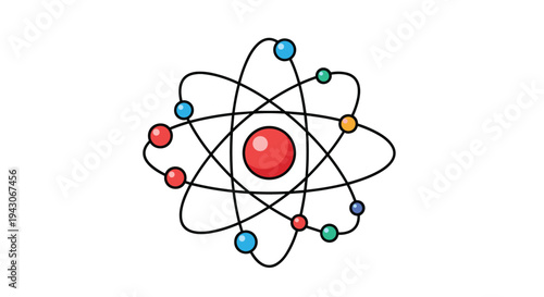Scientific illustration of an atom with a large red nucleus and multiple colorful electrons orbiting it on defined elliptical paths.