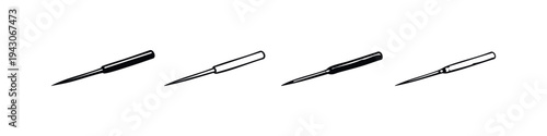 Set of black and white icons of a pointed tool, like an awl or stylus, in different styles.