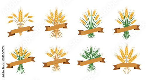 Multiple illustrations of golden wheat stalks bundled together with brown decorative ribbons representing harvest and agriculture themes.