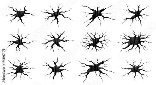 Set of various realistic ground cracks and dark deep holes showing depth and damaged surface textures on a white background.