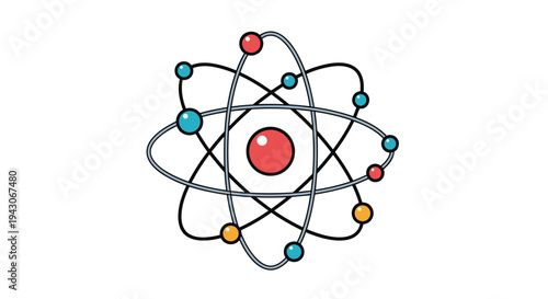 Colorful scientific illustration of an atom model with a central nucleus and orbiting electrons on a clean white background.