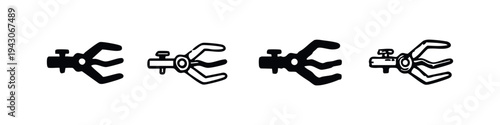 Lab clamp or robotic gripper arm icons set, black and white, hand-drawn style