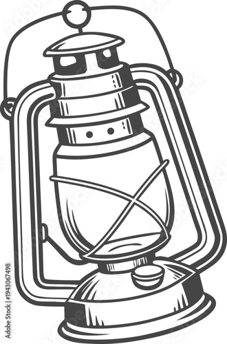 Antique Oil Lantern Vintage Engraving Illustration, Classic Glass Kerosene Lamp with Metal Frame, Detailed Black and White Line Art