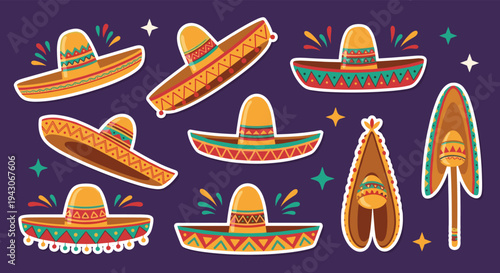 Selection of colorful Mexican sombreros and maracas decorated with traditional patterns, arranged as stickers on a dark purple background.