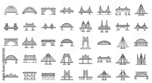 Large collection of black and white bridge icons representing various architectural styles such as suspension, arch, and cable-stayed.