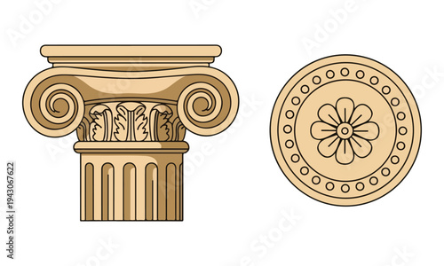 Ancient Greek Ionic Column Capital and Decorative Circular Rosette