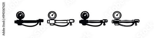 Hand-Drawn Pressure Gauge Icons Set. Stylized Black and Outline Manometer on Pipe for Industrial Use.