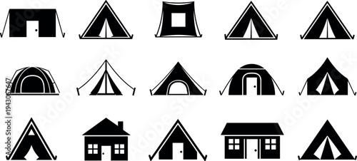 Camping tent silhouette collection set, outdoor adventure shelter house icons, mountain tourism vacation elements, travel nature camping equipment vector clipart, designs.