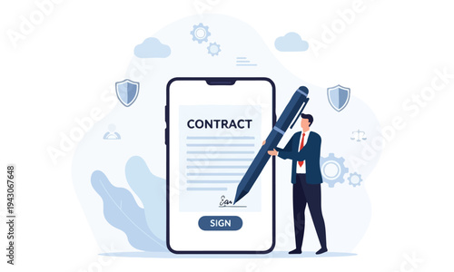Businessman signing digital contract on smartphone with electronic signature