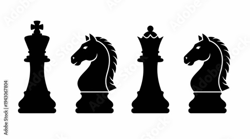 Vector chess pieces icons set king queen rook bishop knight pawn battle board arrangement silhouette design educational branding modular black white strategy illustration collection