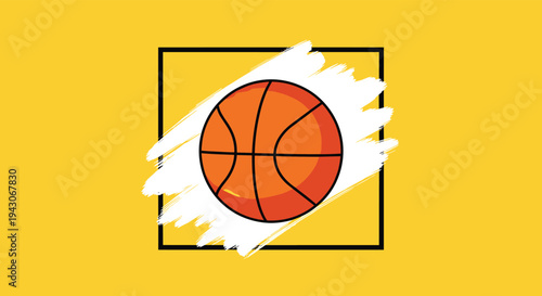 Orange basketball with black lines placed inside a black square frame on a bright yellow background featuring white paint strokes.