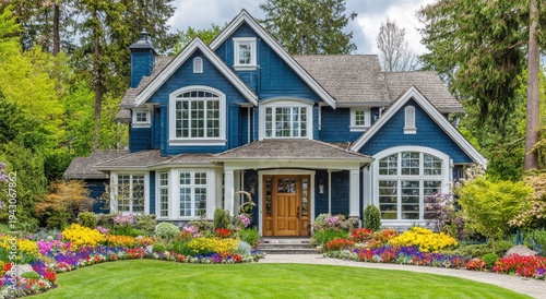 A vibrant blue house with a colorful garden and lush green trees