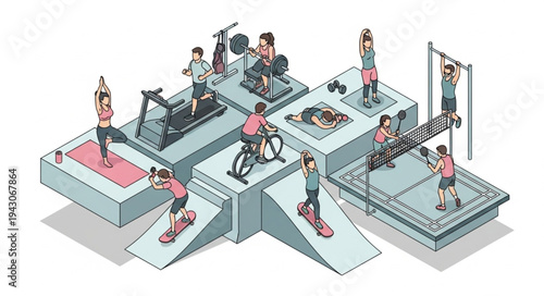 Isometric Illustration of People Exercising.