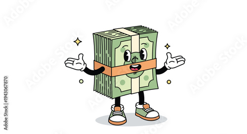 Cute vintage style cartoon money character consisting of a bundle of cash with a smiling face, arms, legs, gloves, and sneakers.