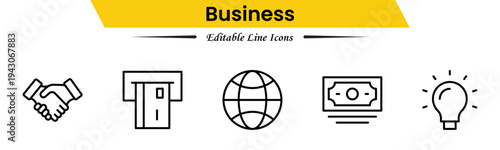 Business icons depicting strategy, management, teamwork, meetings, planning, charts, reports, growth, goals, productivity, leadership, collaboration, finance, and organization.
